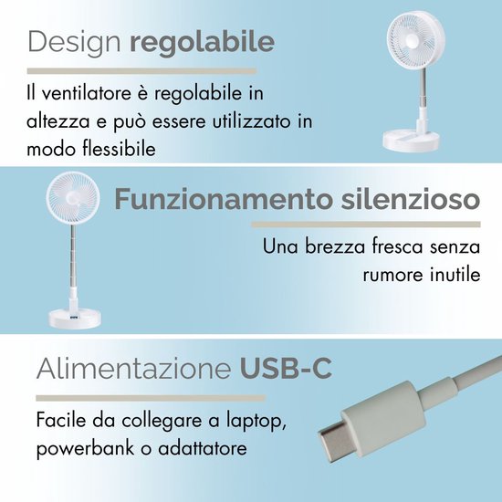 Lifetime Air Tafelventilator Telescopisch - Ventilator Staand met USB en Oplaadbare Batterij - Mini Ventilator met 4 Snelheden - Verstelbaar 13-55 cm - Wit
