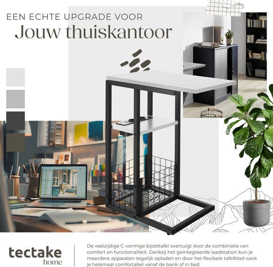 tectake® Laptoptafel met laadstation - Incl. stekkerdoos – C-Vormige computertafel - Bijzettafel - Nachtkastje - Met krantenstandaard en extra plankje - Wit