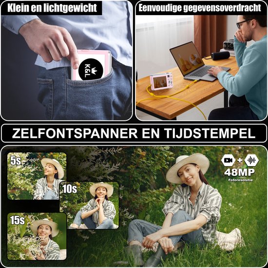 K&L Digitale Camera 4K - Fototoestel - Fotocamera - Compact Camera - Vlog Camera - Voor Kinderen - Inclusief 64GB - NL Software - Roze