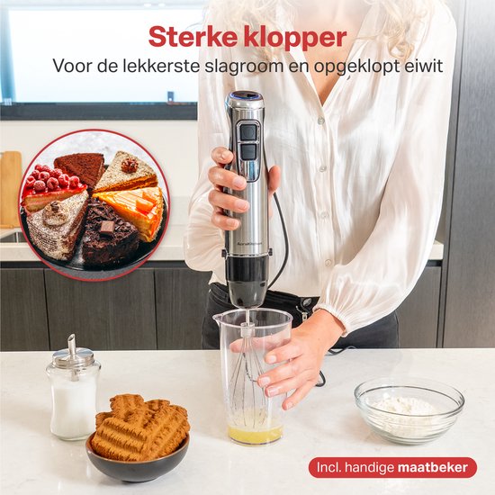AoraKitchen Staafmixer Set - 6 Delig - 1000W - Turbo - Melkopschuimer - Hakmolen - Maatbeker - Garde