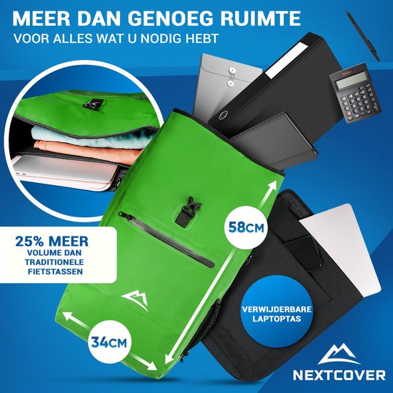 NEXTCOVER® NIEUW 3-in-1 fietstas voor bagagedrager [Aquashield] - Reflecterend bagagedragertas waterdicht - rugzak en schoudertas [25 liter]- Groente