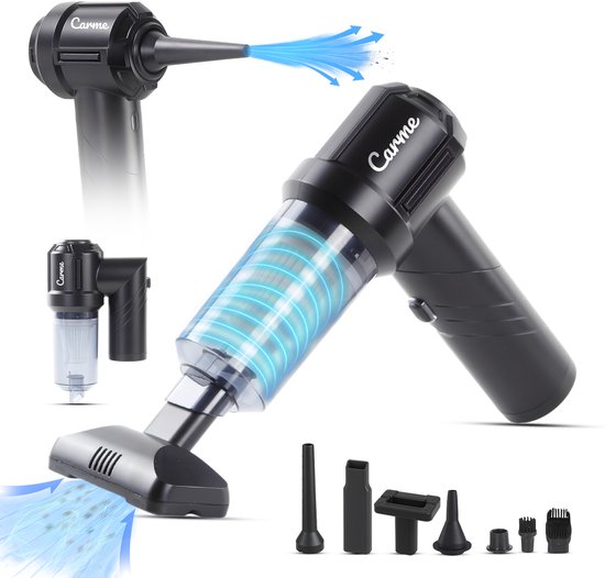 CarMe 2-in-1 Auto Stofzuiger - Zuigen & Blazen - Kruimeldief - 7 Opzetstukken - Oplaadbaar - Handstofzuiger - Airduster - Zwart
