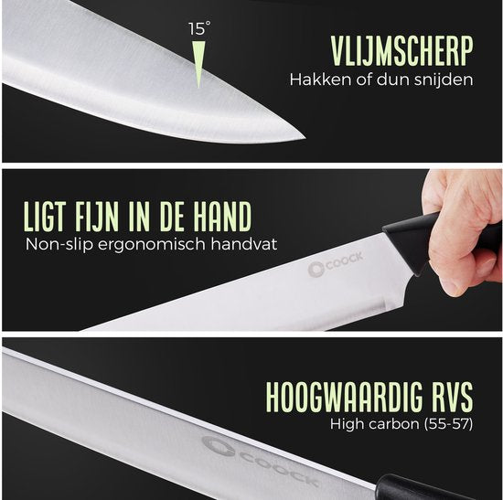 COOCK - Messenset met Blok en Vouwbare Snijplank – Keukenmessen - Schaar - Aanzetstaal (Messenslijper) – 15-Delige Keukengerei Set in Messenblok - Met Krasbestendige Coating - RVS/Zwart
