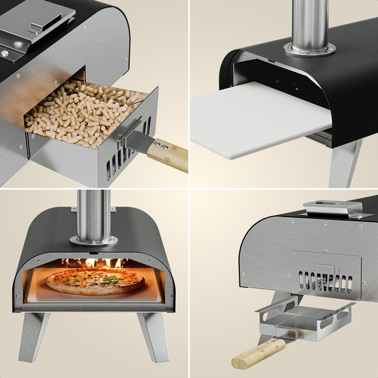 KitchenBrothers Pizza Oven - Houtgestookt - Tafelmodel - Inklapbaar - PFAS-vrij - Pizzasteen - tot 460°C - Pizza maker - Complete Set - Pizzaoven voor Buiten - Zwart/RVS