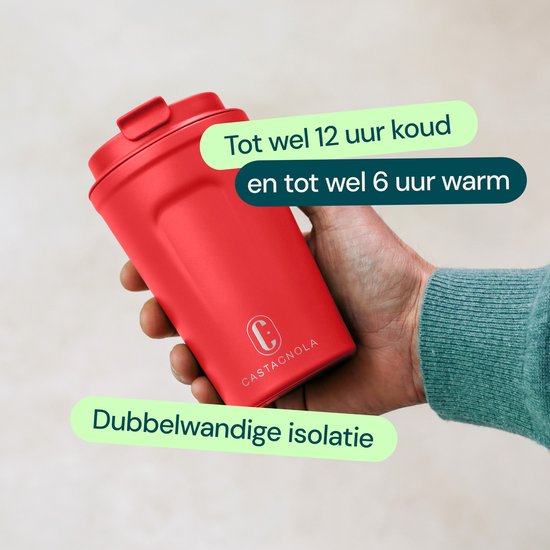 Castagnola Thermosbeker - Koffiebeker To Go - Travel Mug voor Koffie en Thee - Theebeker - 380 ML - RVS - Rood
