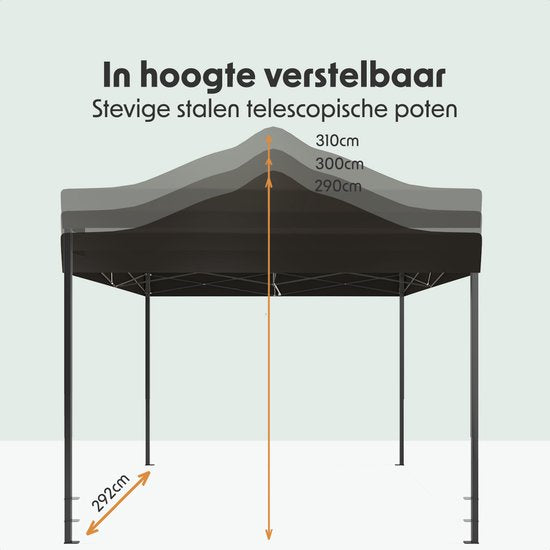 LifeGoods Partytent - Paviljoen - Easy Up - Opvouwbaar - Zijwanden - Waterdicht - Met Draagtas - 292 x 292 cm – Antraciet