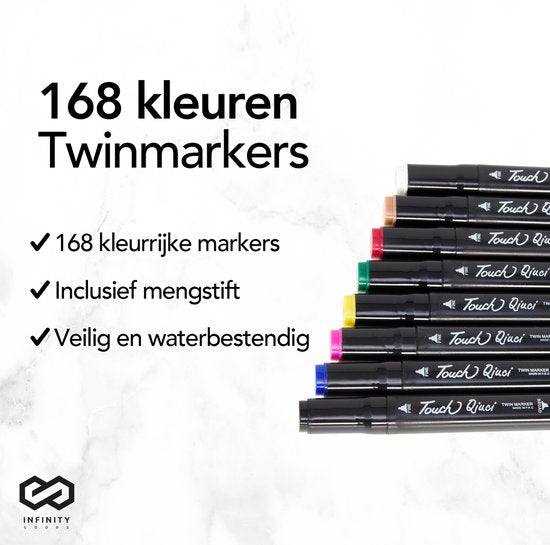 Infinity Goods Twinmarkers 168 Stuks - Professionele Alcohol Markers - Dubbelzijdige Tip - Stiften - Opbergtas Met Houder