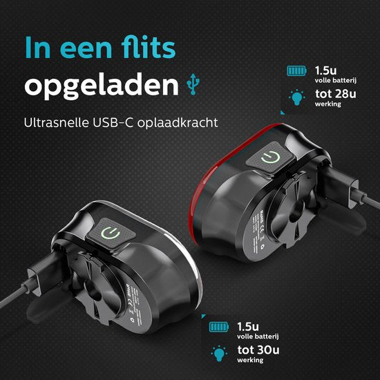 Inlustro Smart Fietslamp Set - Achterlicht met Remsensor / Zadelbevestiging - LED Fietslampjes Rood en Wit - Fietslicht Koplamp Voorlicht - USB Oplaadbaar / Waterdicht
