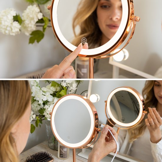 Mirlux Make Up Spiegel met LED Verlichting - 10x Vergroting Licht – Scheerspiegel Klein Op Voet - 3 Lichtstanden - Oplaadbaar - Vergrootspiegel Rosé Goud