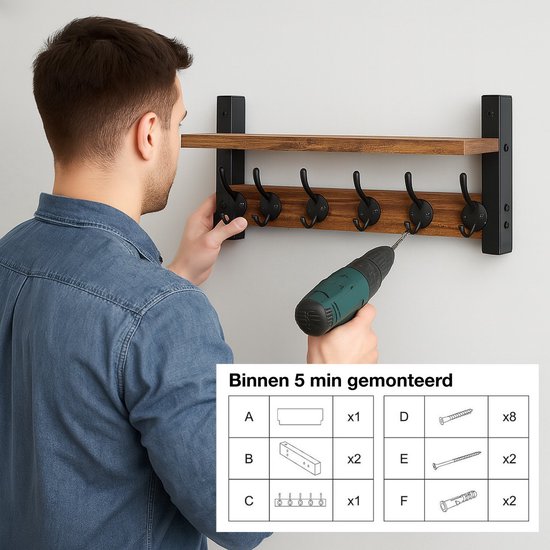 Wand kapstok met plank - 10 haken - Hangend - Kapstokken - Kleer - Kleding - Hangers - Vintage - Muur - Industrieel - Hout - Garde robe - Zwart - Luft
