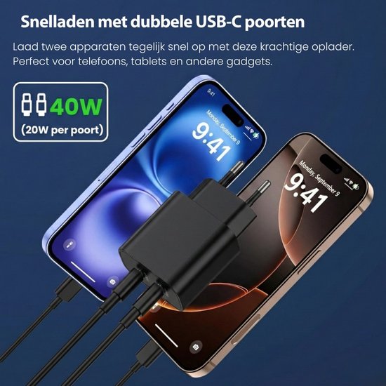 Faas USB C Oplader - Snellader - 40W - 2x 20W Poort - 2 kabels - 1.5 meter - USB C Kabel - USB C naar USB C - Zwart
