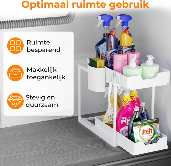 Posity Gootsteenkast Organizer - Keukenkastje Organizer - Schuiflade - Kast Organizer - Badkamer Organizer - Aanrecht Organiser - 2 Uitschuifbare Lades - Wit