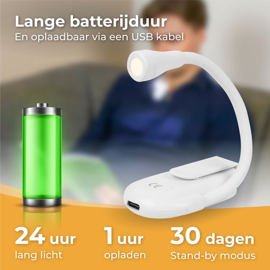 Nuvance - Leeslampje - Leeslamp met Klem - Dimbaar - 3 Standen - Leeslampje voor Boek - Oplaadbaar USB C - 24 Uur Leesplezier - Klemlamp - voor Kind & Volwassenen - Klemlampje - Wit