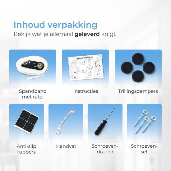 Skoov Tussenstuk voor Wasmachine & Droger - Stapelkit - Met uitschuifbare plank - Universeel - Droogkast - Meubel - incl. trildempers en spanband