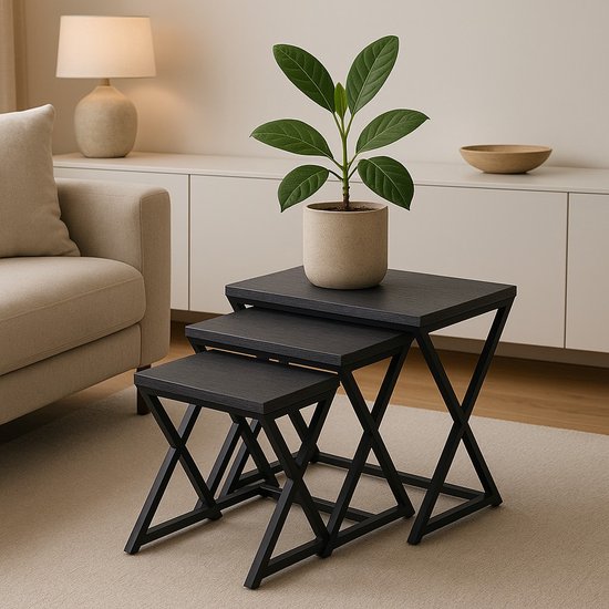 Ceruzo Bijzettafels - Paris - Set van 3 - Zwart Metaal en MDF - Modern Design