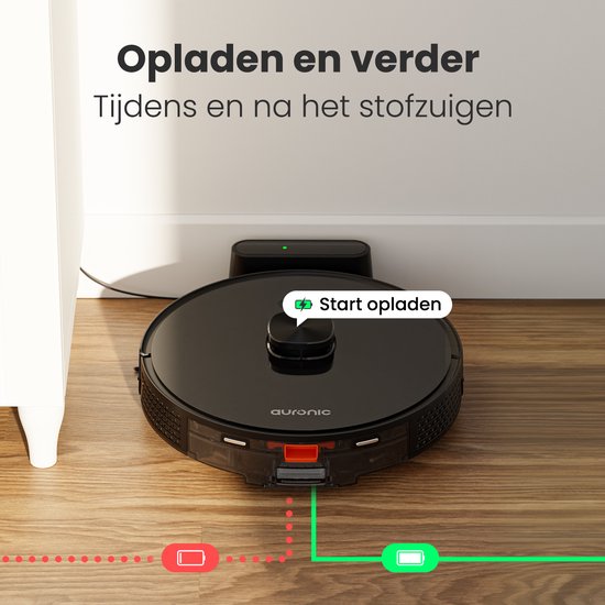 Auronic Robotstofzuiger - Dweilfunctie – 4000 Pa Zuigkracht – 180 min Batterijduur – 34,5 x 34,5 x 9,7 cm – Zwart