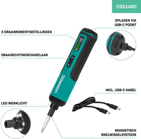 VONROC Elektrische Schroevendraaier 4V - Incl. 15-delige bitset en USB-C kabel