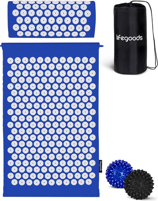 LifeGoods Acupressuur Mat met Kussen - Shakti mat - Spijkermat Incl. 2x Triggerpoint Bal - 66x40x2cm - Blauw/Wit