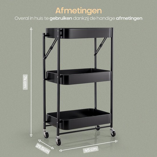 O'DADDY® Keukentrolley Inklapbaar - 3 Lagen - Serveerwagen Op Wieltjes - Keuken Trolley - Roltafel - Opbergtrolley - Opbergkar - Keukenrek - Zwart