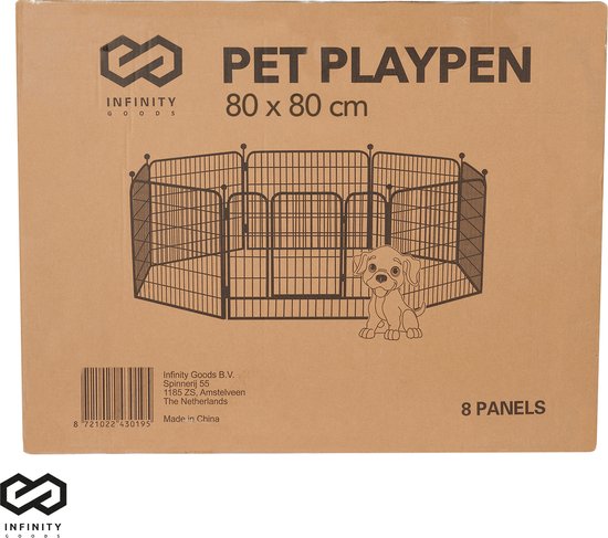 Infinity Goods Hondenren - Puppyren - 8 Panelen - 80 x 80 CM - 640 CM Omtrek - Opvouwbaar - Met Deur - Staal - Zwart