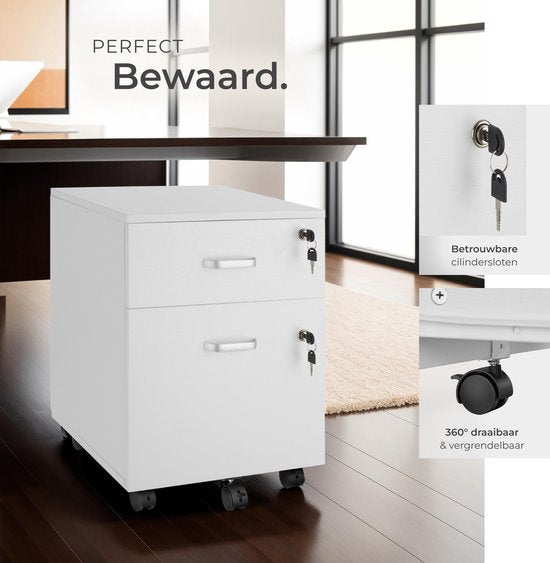 tectake® Ladenkastje - Met 2 afsluitbare lades, vergrendelbare wielen - Rolkast - Organizer - Perfect voor een georganiseerde werkplek - Kantoor, studeerkamer , thuiswerkplek - Wit