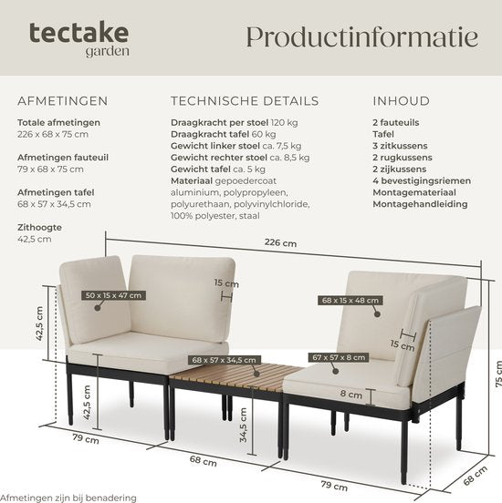 tectake® - Loungeset Magaluf - 5-in-1 tuinset met aluminiumframe - 2 tuin fauteuils en 1 salontafel - Op te stellen als ligstoel, hoekbank of 2-zits tuinbank - Inclusief kussens - Balkonset 2 personen