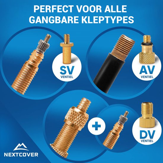 Nextcover® Profi Fietsventiel Adapter Set [15-delig] I Geschikt voor alle Ventielen I Adapter voor Frans ventiel voor Fietspomp & Compressor I Fietsventieladapter I Ventieladapter I Autoventiel I Fiets Ventiel