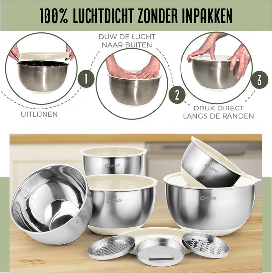 COOCK RVS Mengkommen set met Deksel - Beslagkommen met deksel - Bewaarbak met Rasp - Schaal voor Salades & Mengen - 22 Delige Set 1,5 t/m 5 Liter – Beige - Incl. Maatschepjes
