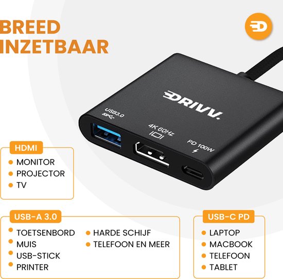 Drivv. USB C naar HDMI Adapter 3 in 1 - HDMI 4K 60hz - USB 3.0 - PDW 100w - Zwart