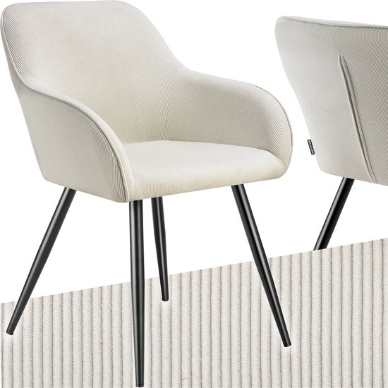 tectake® Eetkamerstoelen Marilyn - Gestoffeerde Stoelen met Koordlook/ribstof - Zwarte Stoelpoten - Ergonomische Keukenstoel - Stoel voor Eetkamer, Woonkamer, Slaapkamer - Creme