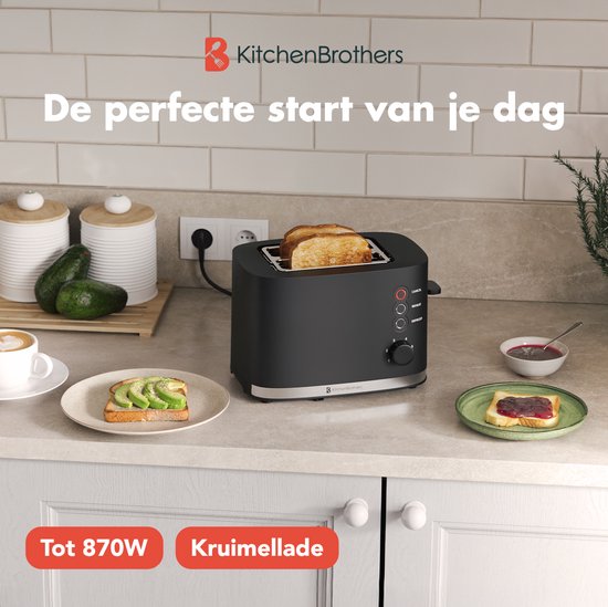 KitchenBrothers Broodrooster - Retro - Toaster - 6 Instelbare Warmteniveaus - 2 Extra Brede Sleuven - BPA-vrij - 870W - Zwart