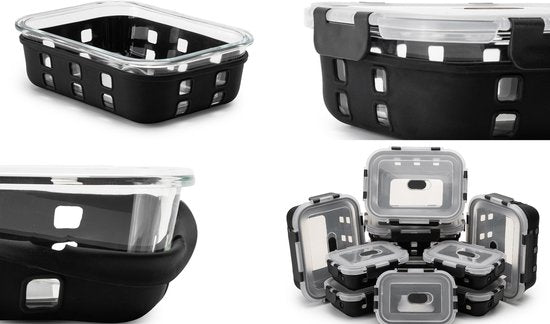 VDN Glazen Meal Prep Bakjes met Silicone Sleeve – 10 Delige Set Vershoudbakjes van Borosilicaatglas – Luchtdicht & BPA Vrij – Magnetron met Ventiel, Oven, Vriezer & Vaatwasser Bestendig – 5x1040ML & 5x370ML