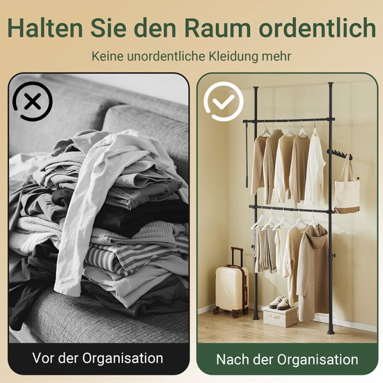 SoBuy Telescoop Kledingrek - Verstelbaar Opbergsysteem - Klerenrailsysteem - B(75–126) × H(200–295) cm, Zwart, FRG109-II-SCH