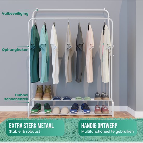 Avalo Industrieel Kledingrek Dubbele Stang - Metaal - 110x33x150 CM - Wit - Opbergruimte Voor Schoenen - Garderoberek Met Haken