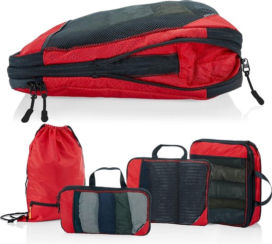 Packing Cubes met compressie voor koffer en rugzak incl. draagzak, rood
