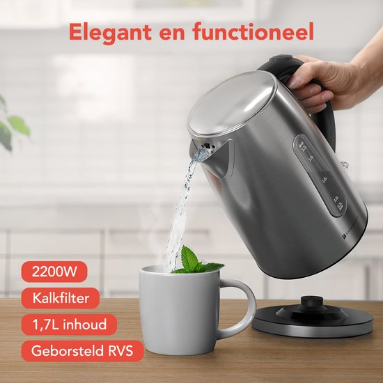 KitchenBrothers Waterkoker - Elektrisch - 1,7L - 2200W - RVS Waterkoker - Zilver/RVS