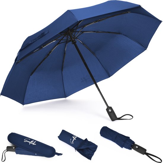 Stormparaplu Opvouwbaar - Stormbestendig tot 140km/u - Automatisch Uitklapbaar - Incl. Beschermhoes en Reisetui - Blauw - Sunflake
