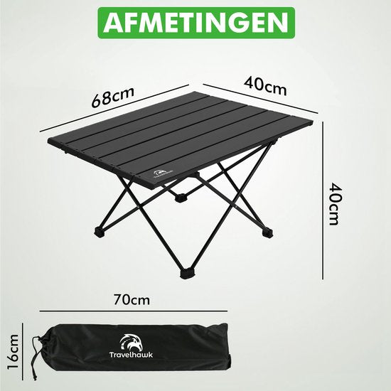 Travelhawk Campingtafel Inklapbaar - Campingtafel Opvouwbaar - Camping Tafel - campingtafel Lichtgewicht - Picknicktafel Kinderen - Zwart - 68x40x40cm - Large