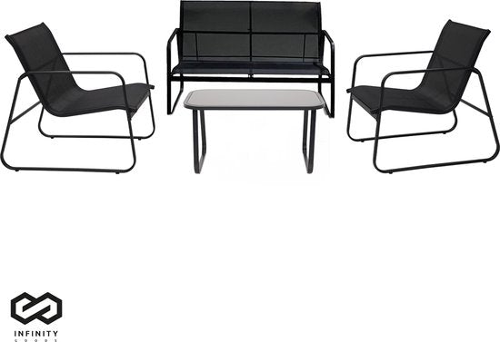 Infinity Goods Tuinset – Incl. Bank, 2 Stoelen & Glazen Tafel – Zwart/Antraciet