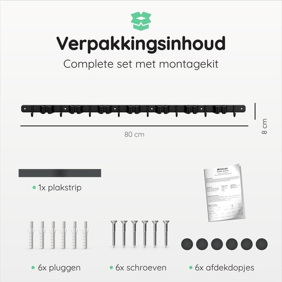 Volcan Bezemhouder - Bezem Ophangsysteem Tuingereedschap - Gereedschapshouder - 3M Tape - 7 Houders 8 Haken - RVS Zwart