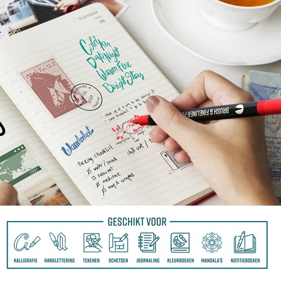NAPI Twinmarkers - 24 Stiften voor Volwassenen - Dubbelzijdige Brushpennen - Fineliners Kleur - Viltstiften Handlettering - Bullet Journal Accessoires - Brush Pennen Aquarel - Markers Kinderen - Markeerstiften Incl. 2 Mandala Sjablonen
