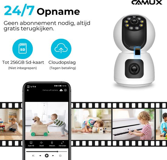 Camux DualVision Beveiligingscamera Binnen - 2MP Full HD Camera met Nachtzicht - Babyfoon - Baby monitor - Huisdiercamera met app - Hondencamera - Petcam