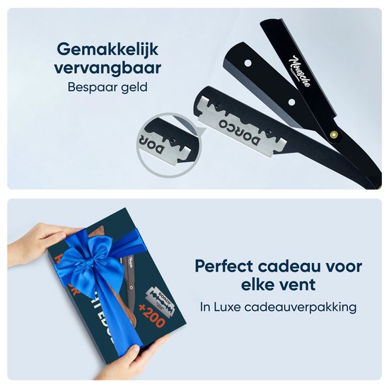 Barbiersmes met 200 Scheermesjes - Klassiek Open Scheermes - Barber Mes - Shavette - Straight Razor - Klapmes - Nekmes - Kappersmes