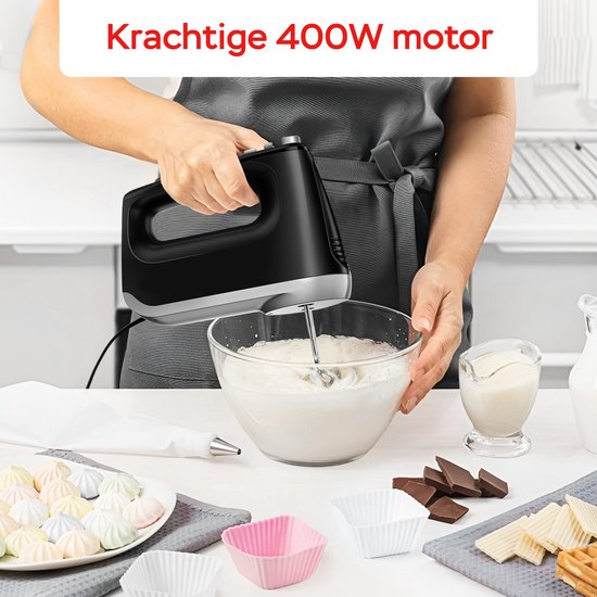 Kitchenwell Handmixer - 6 snelheden en turbofunctie - 400W – Kloppers & Deeghaken & Garde - Incl. opbergdoos