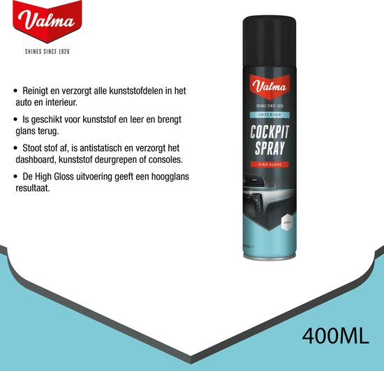 Valma Cockpitspray Hoogglans 400 ml - Reiniging voor Auto Interieur – Stofafstotend - Geschikt voor Kunststof en Leer