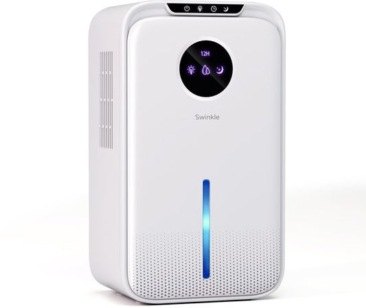 Swinkle Luchtontvochtiger 2.5L – Ontvochtigt tot 1L per dag – Dehumidifier met Ionisator & 7-Kleuren LED – Stil & Energiezuinig – Voor Slaapkamer, Badkamer & Woonkamer – Wit