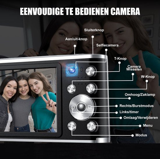 K&L Digitale Camera 4K - Fototoestel - Fotocamera - Compact Camera - Vlog Camera - Voor Kinderen - Inclusief 64GB - NL Software