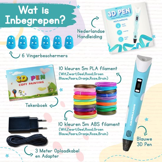 MM Brands 3D Pen Starterspakket - Inclusief 100m Filament in 10 Kleuren - Extra Lange Laadkabel - Geschikt voor ABS & PLA Filament - Blauw