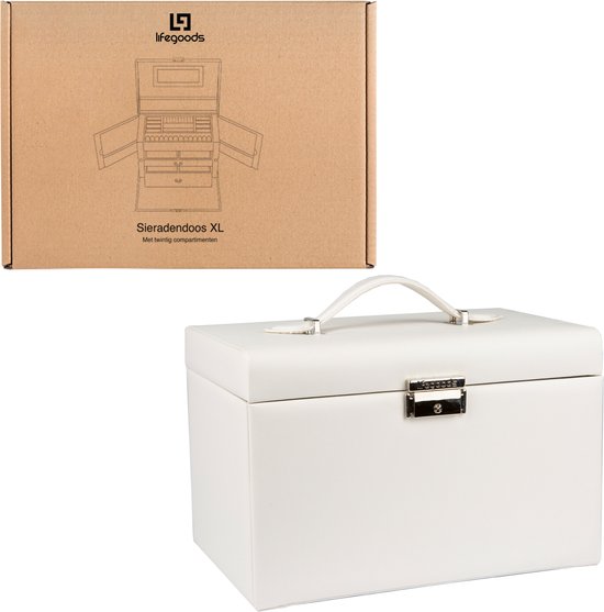 LifeGoods Sieradendoos XL - Juwelendoos - 20 Vakken - Wit/Beige