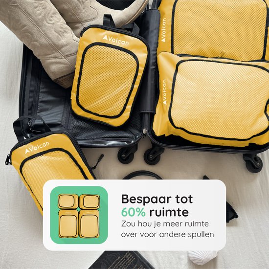 Volcan Compression Packing Cubes - Koffer Organizer Set - Met Compressierits - Backpack & Koffer - Set van 4 - Oker